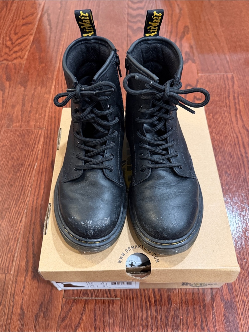 Dr. Martens Black Leather 8-Eye Boot with Yellow Stitching - Picture 2 of 5